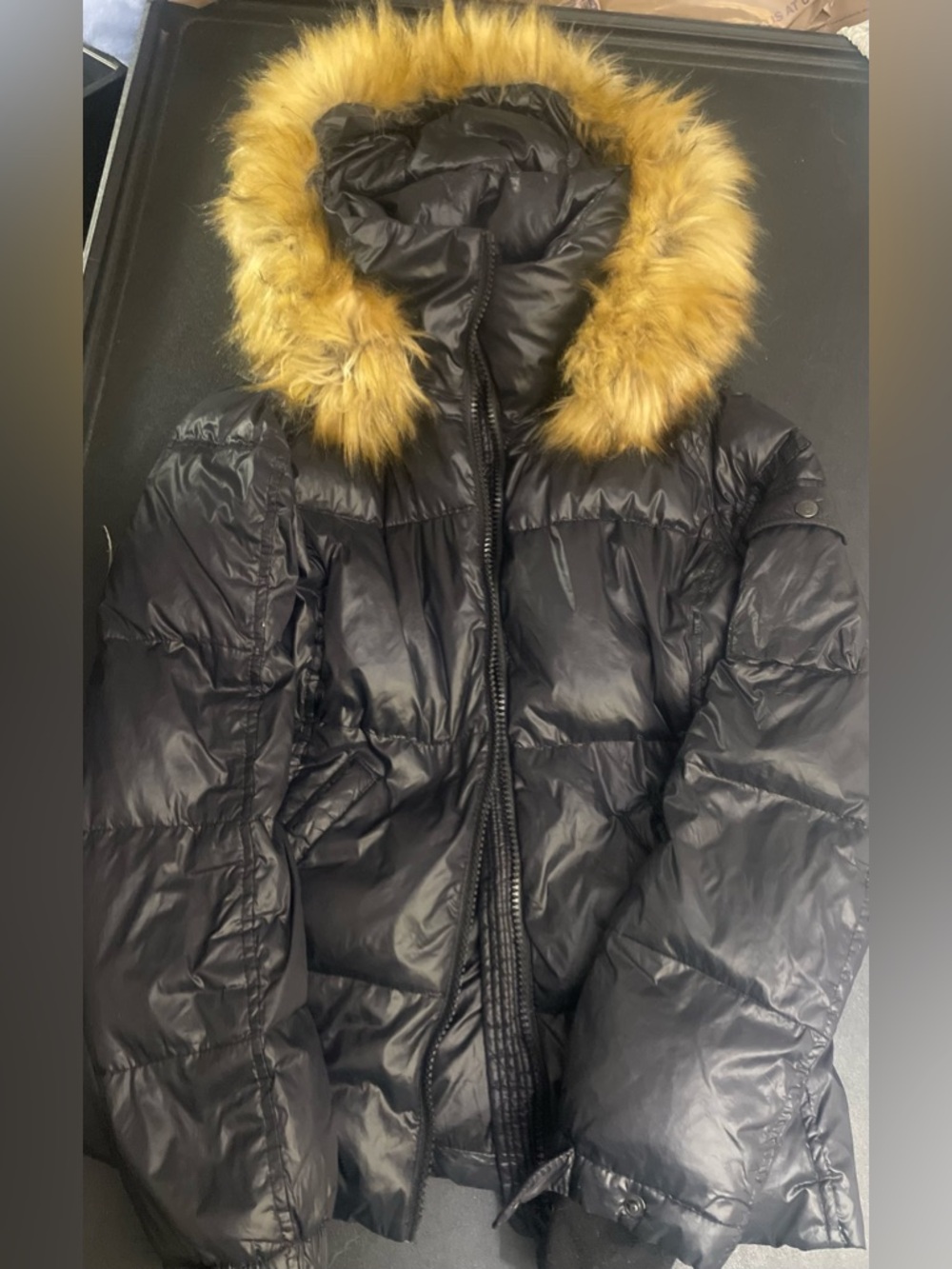 S13 black puffer jacket With detachable faux fur hood  | small| packable down